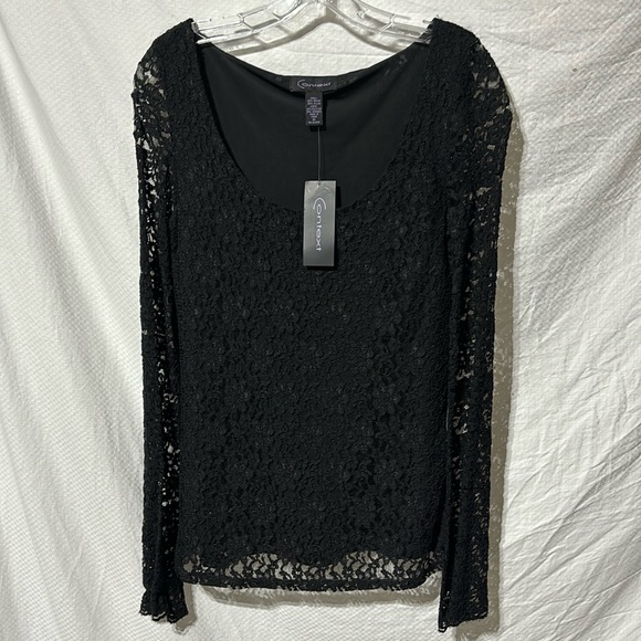 Context M black lace overlay body sheer bell sleeves scoop neck dressy NWT - Picture 1 of 10